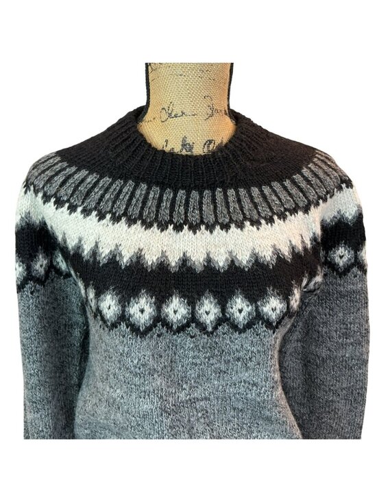 Handmade Milagros Imports Alpaca Wool Sweater Nordic Pattern Black/Grey/White Wo - Picture 6 of 15